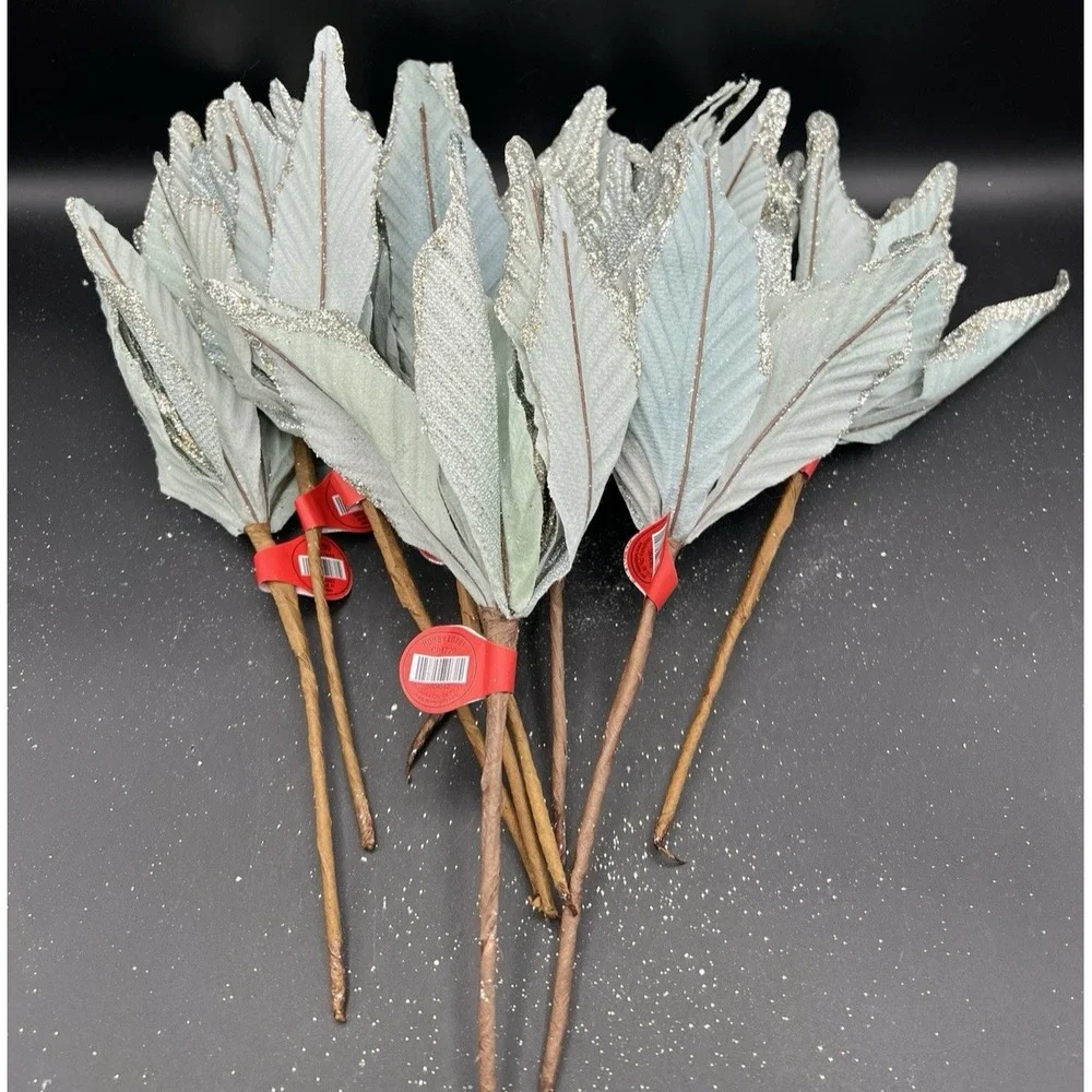 10 CHRISTMAS Poinsettia Sea Aqua Blue Silver Glitter Tree Decor Floral Pick Stem